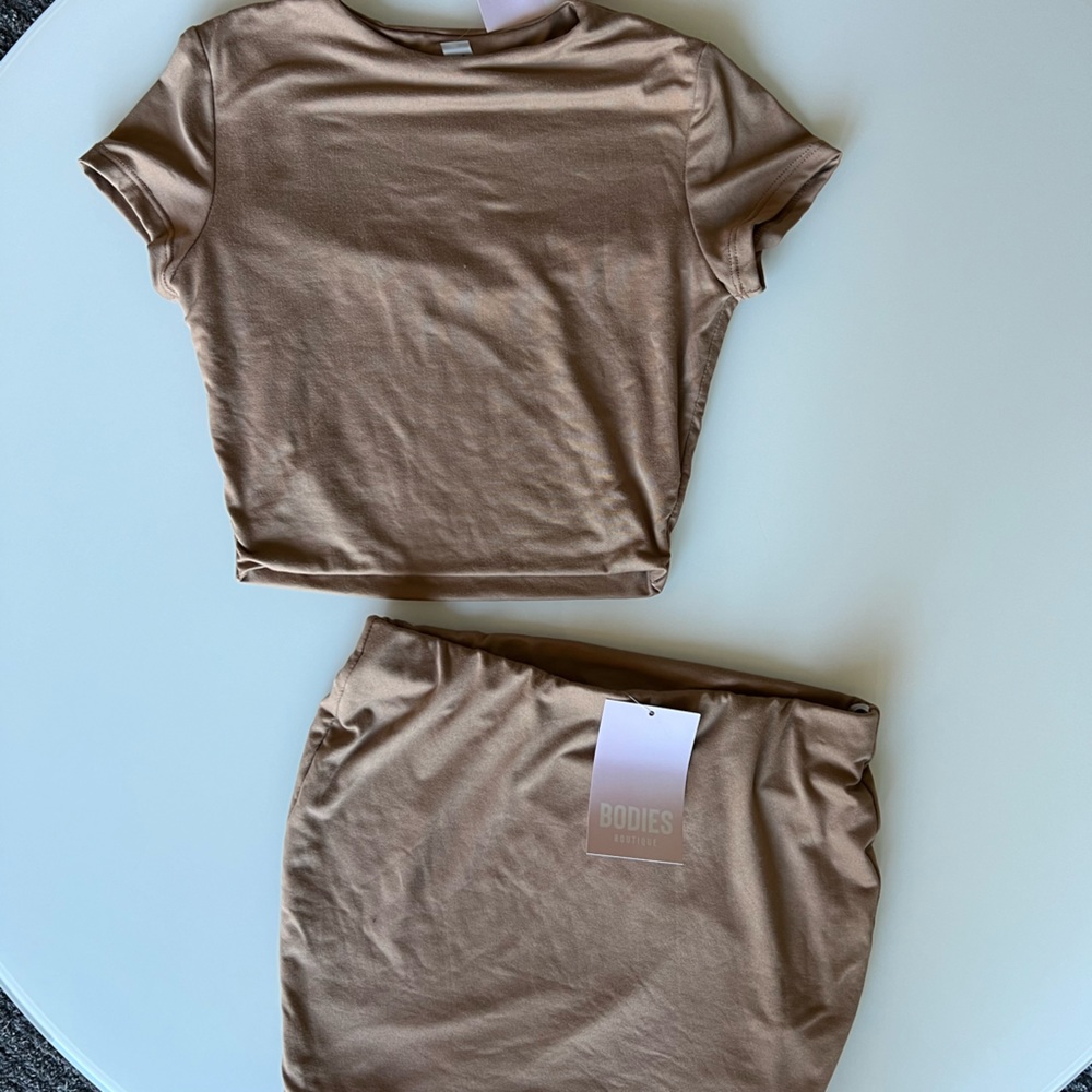Nude top and mini skirt set